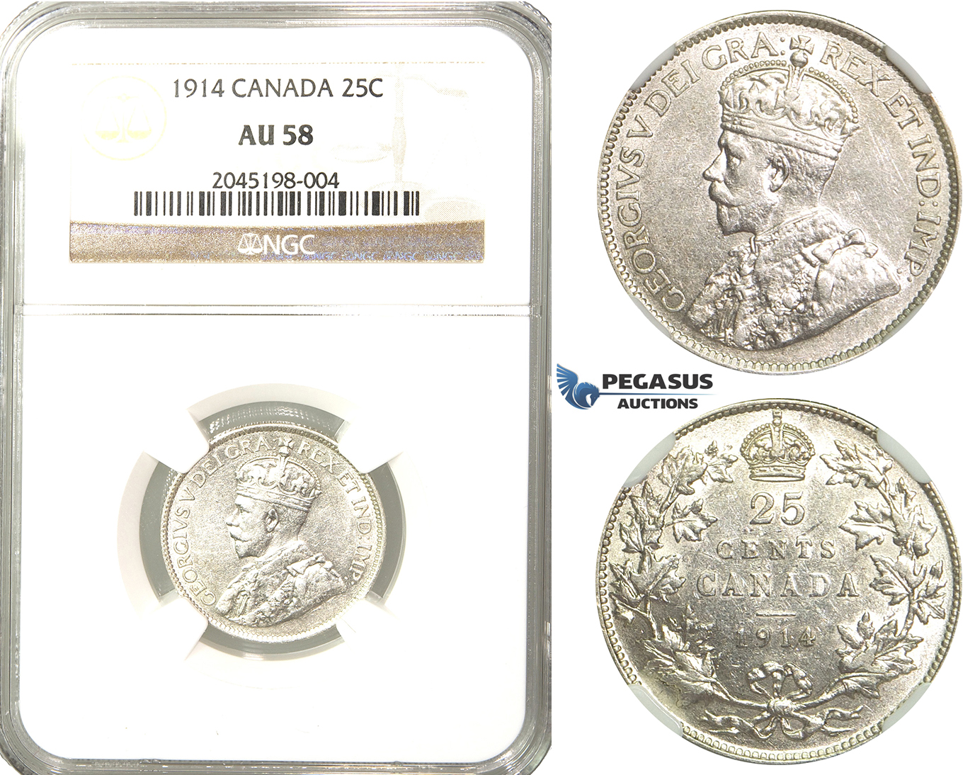 R205, Canada, George V, 25 Cents 1914, Silver, NGC AU58