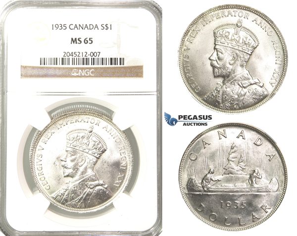 R206, Canada, George V, Dollar 1935, Silver, NGC MS65 Fully frosted!