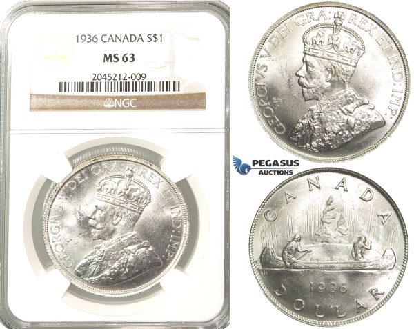 R207, Canada, George V, Dollar 1936, Silver, NGC MS63 Fully frosted!