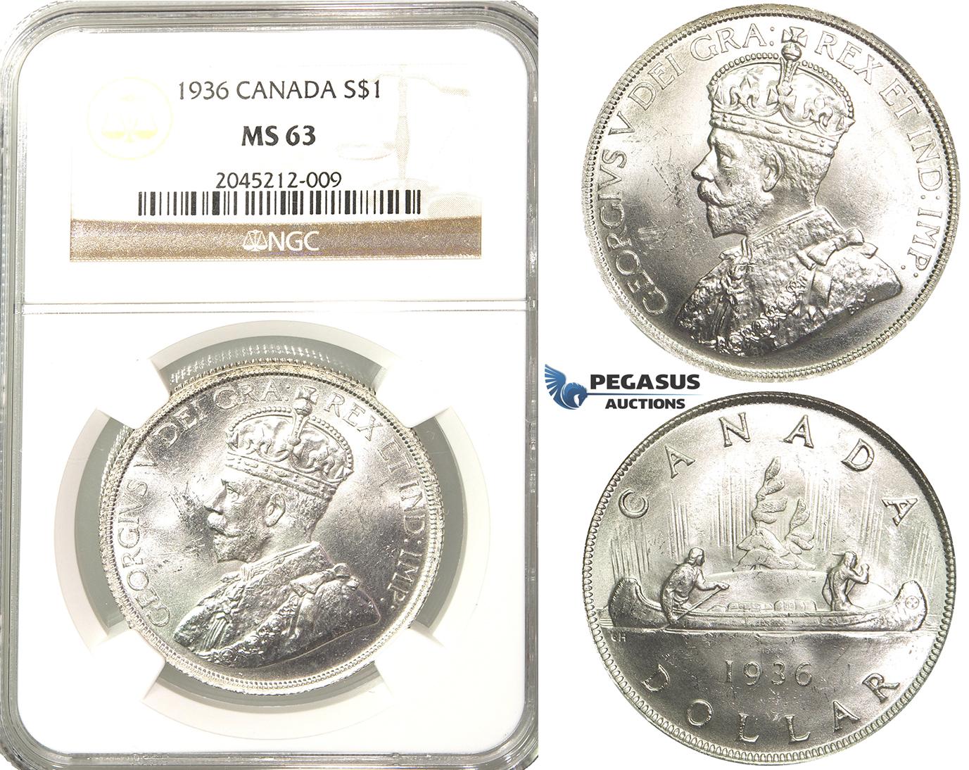 R207, Canada, George V, Dollar 1936, Silver, NGC MS63 Fully frosted!