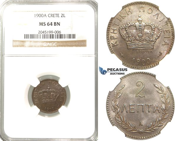 R212, Crete, Prince George, 2 Lepta 1900-A, Paris, NGC MS64BN