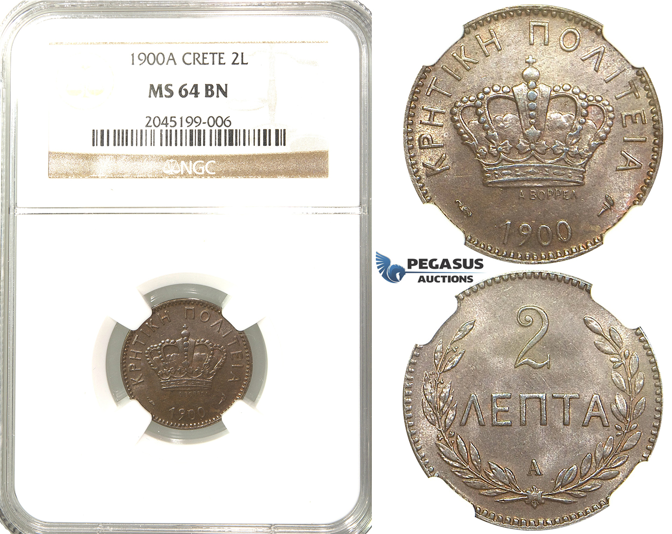 R212, Crete, Prince George, 2 Lepta 1900-A, Paris, NGC MS64BN