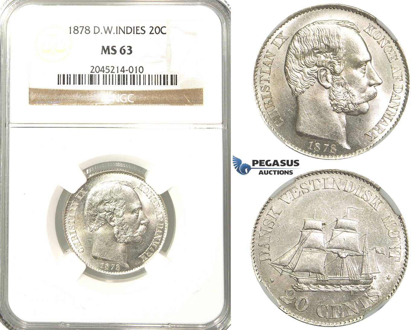 R213, Danish West Indies, Christian IX, 20 Cents 1878, Silver, NGC MS63