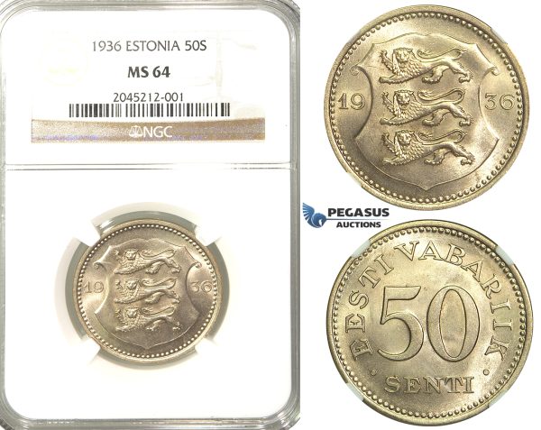 R214, Estonia, 50 Senti 1936, NGC MS64