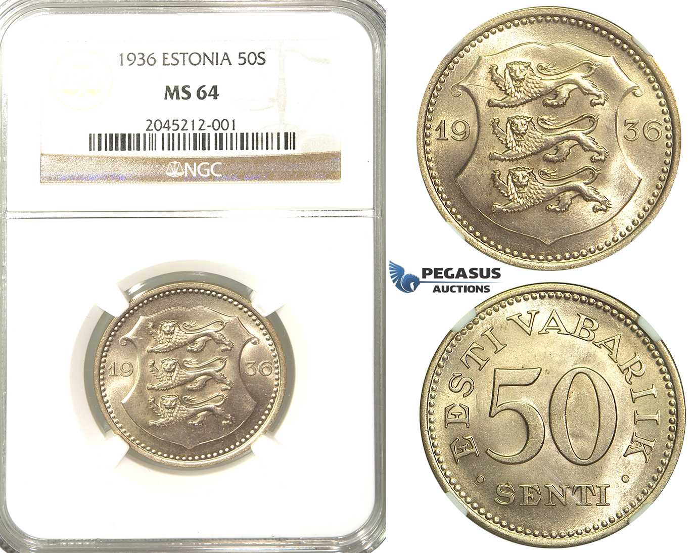 R214, Estonia, 50 Senti 1936, NGC MS64