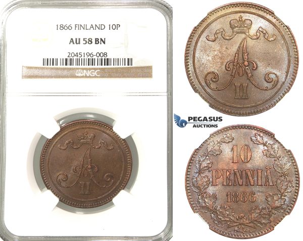 R215, Finland (under Russia) Alexander II, 10 Penniä 1866, NGC AU58BN