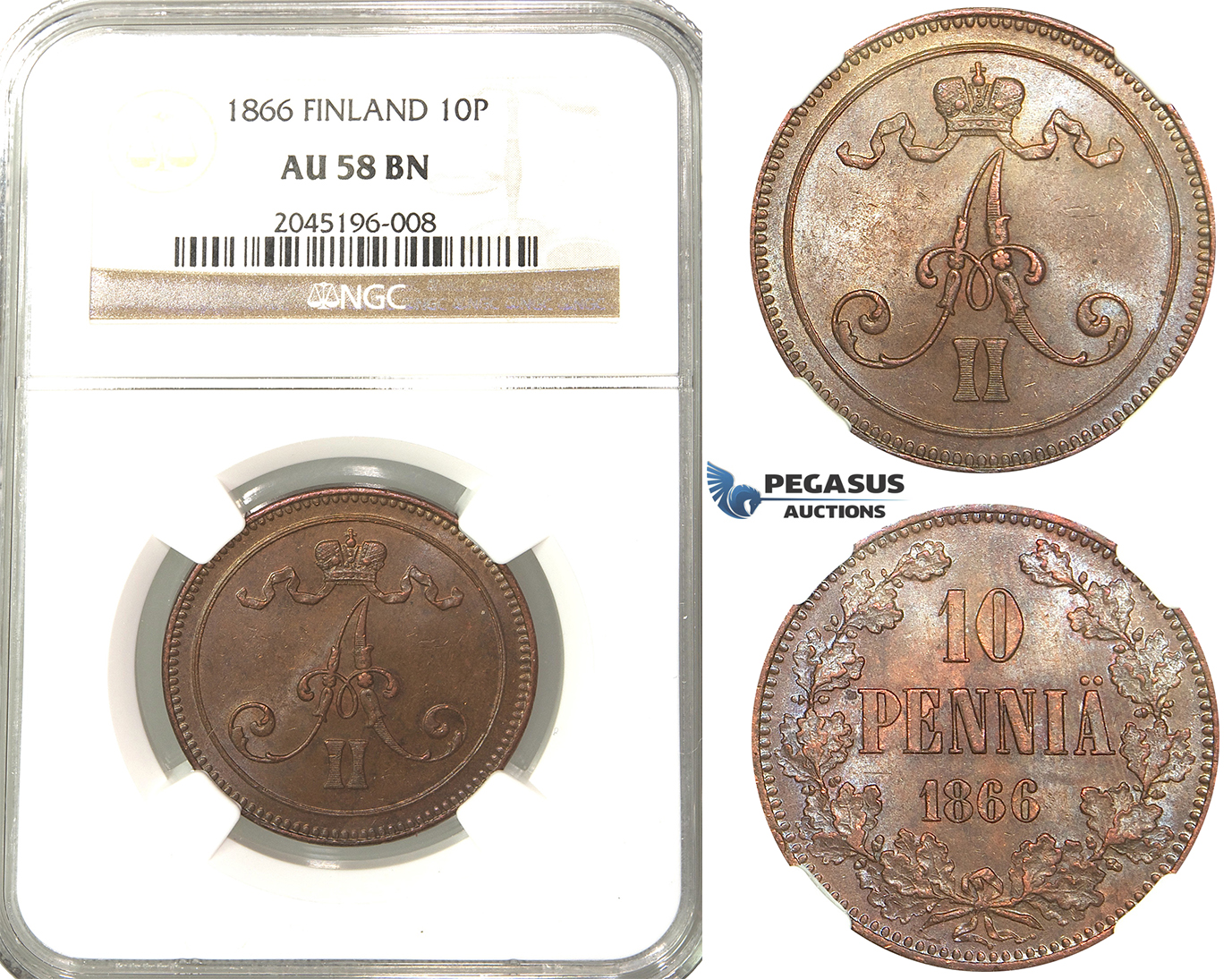 R215, Finland (under Russia) Alexander II, 10 Penniä 1866, NGC AU58BN