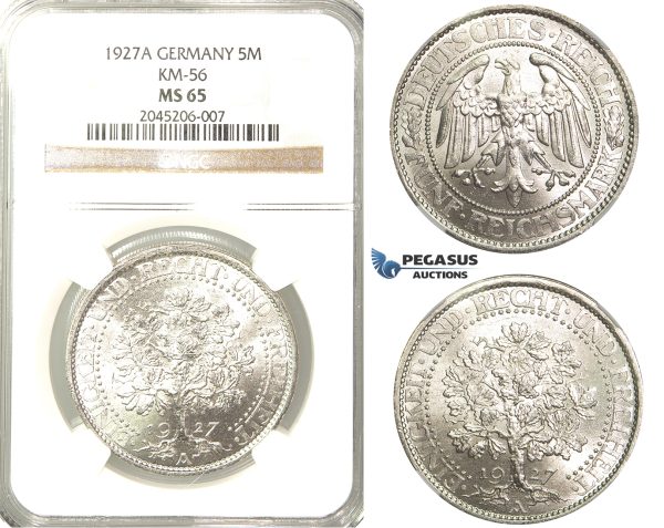R216, Germany, Weimar, Oak Tree 5 Reichsmark 1927-A, Berlin, Silver, NGC MS65