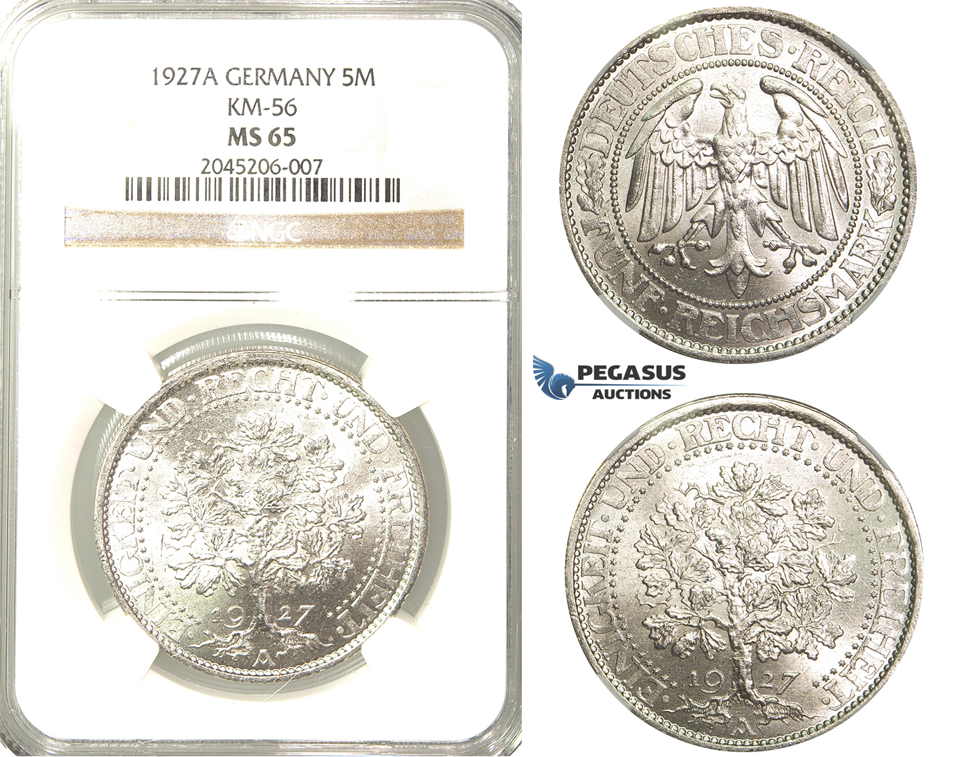 R216, Germany, Weimar, Oak Tree 5 Reichsmark 1927-A, Berlin, Silver, NGC MS65