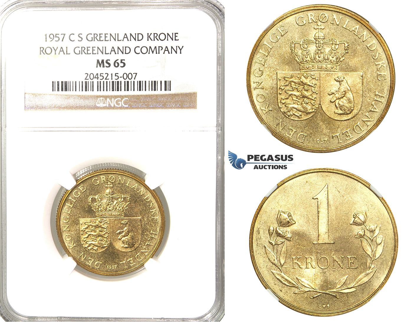 R221, Greenland, 1 Krone 1957 C-S, Copenhagen, NGC MS65