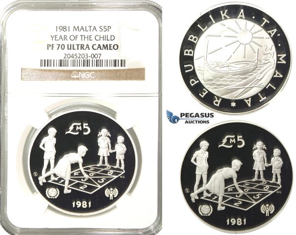R223, Malta, 5 Pounds 1981 (Year of the Child) Silver, NGC PF70UC (Pop 1/1, Finest)