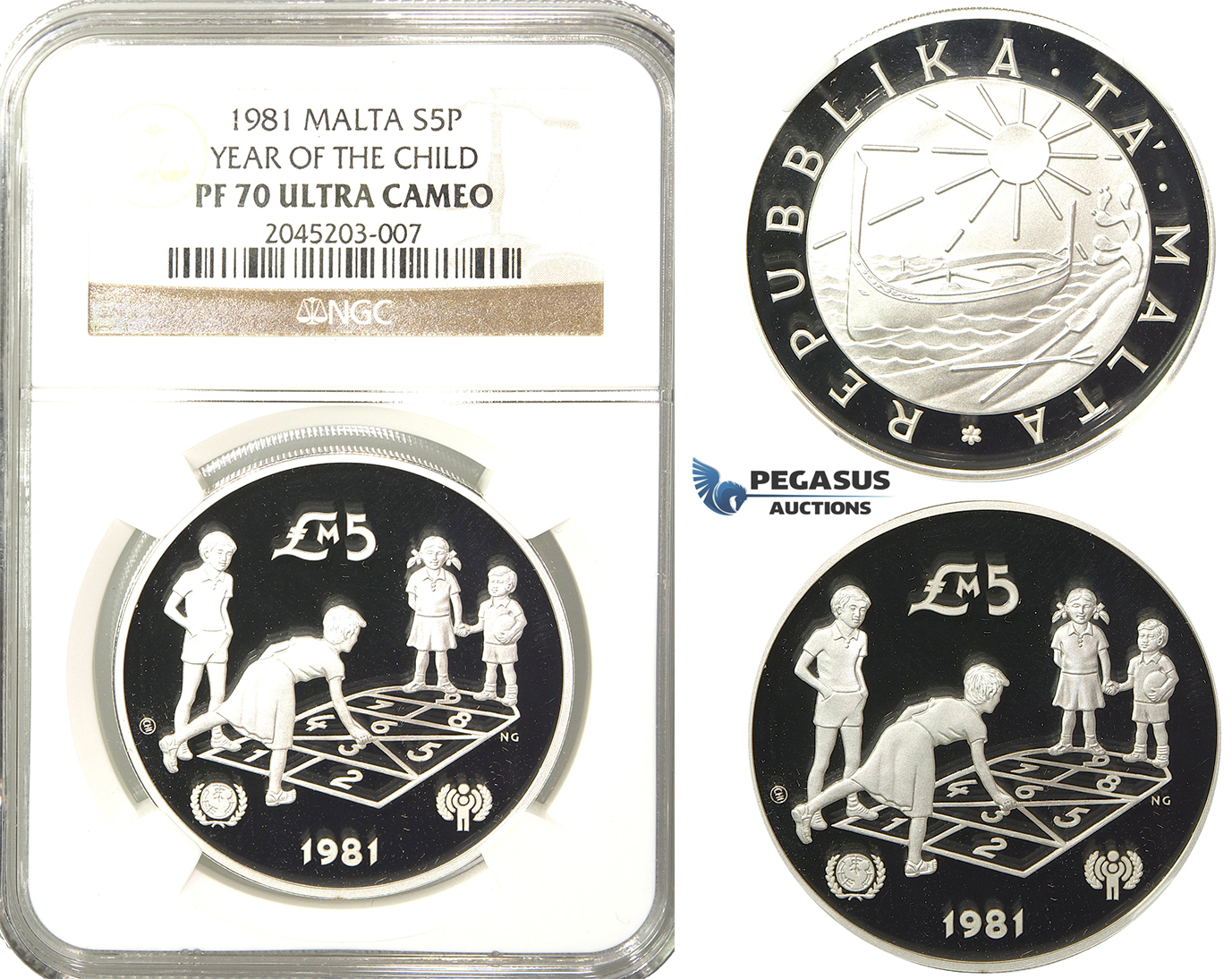 R223, Malta, 5 Pounds 1981 (Year of the Child) Silver, NGC PF70UC (Pop 1/1, Finest)
