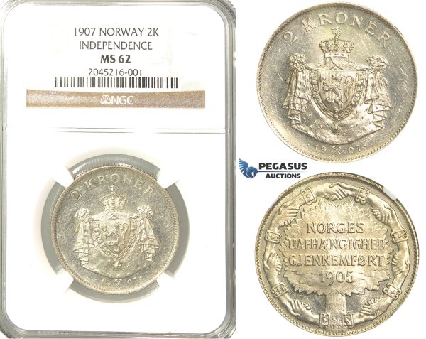 R224, Norway, 2 Kroner 1907 (Independence) Silver, NGC MS62