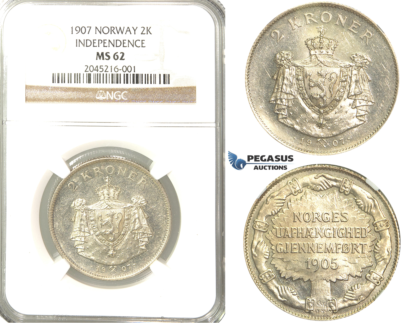R224, Norway, 2 Kroner 1907 (Independence) Silver, NGC MS62