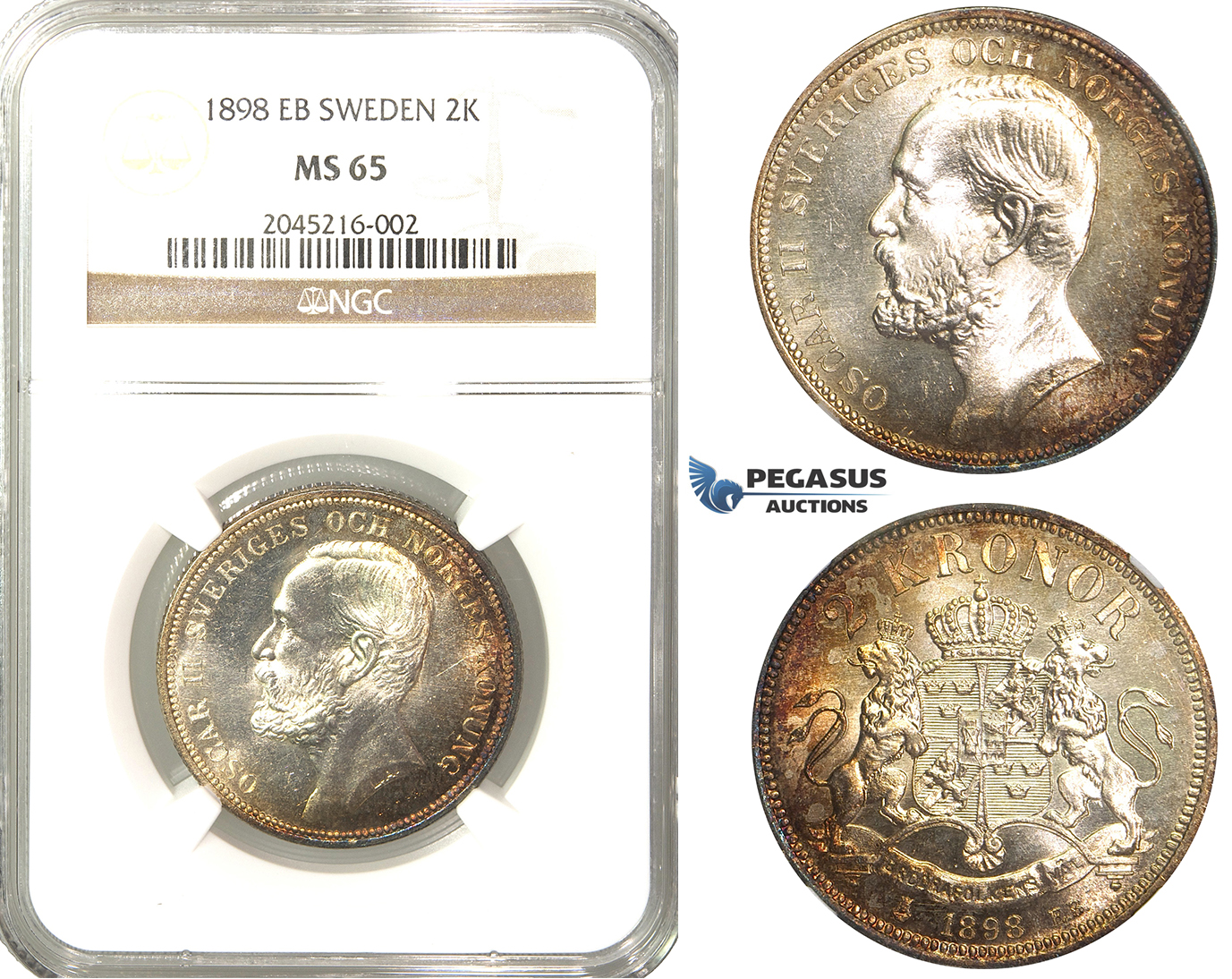 R230, Sweden, Oscar II, 2 Kronor 1898 EB, Stockholm, Silver, NGC MS65 (Pop 1/2, no finer)