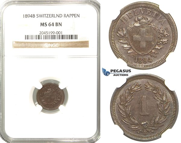 R231, Switzerland, 1 Rappen 1894-B, Bern, NGC MS64BN (Pop 1/1, No Finer)