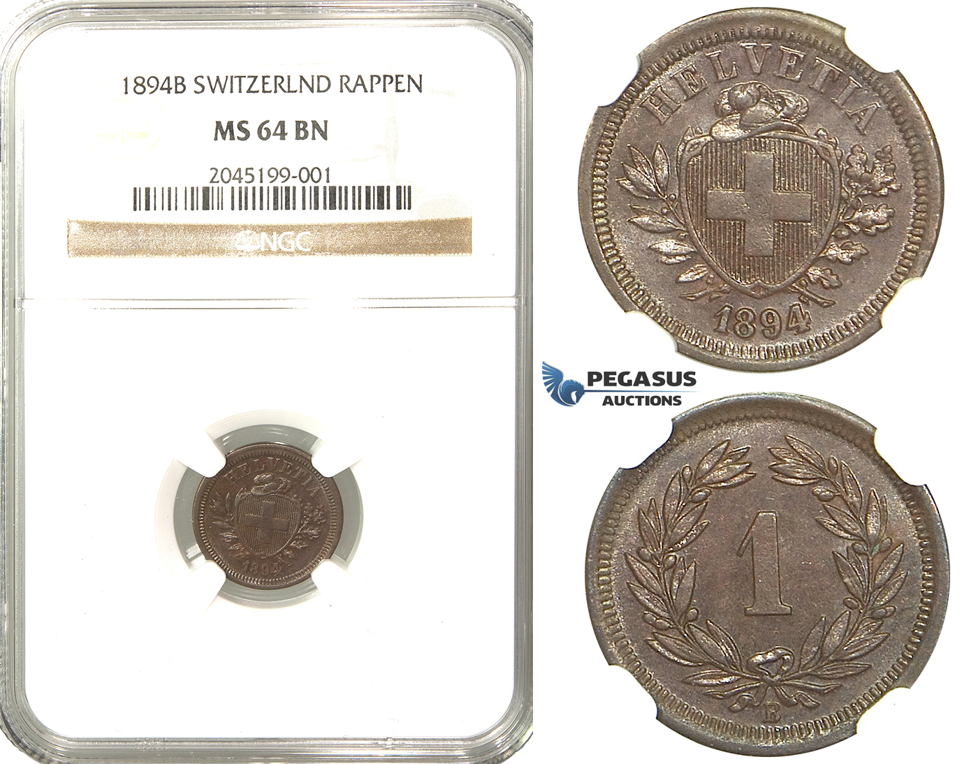 R231, Switzerland, 1 Rappen 1894-B, Bern, NGC MS64BN (Pop 1/1, No Finer)