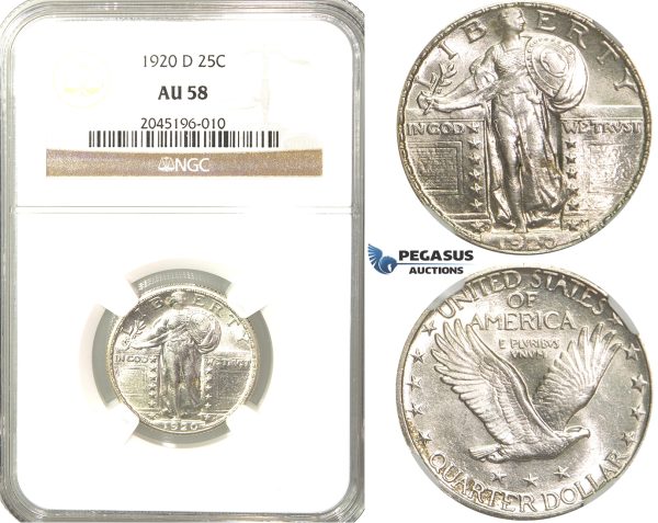 R233, United States, Standing Liberty Quarter (25C.) 1920-D, Denver, Silver, NGC AU58
