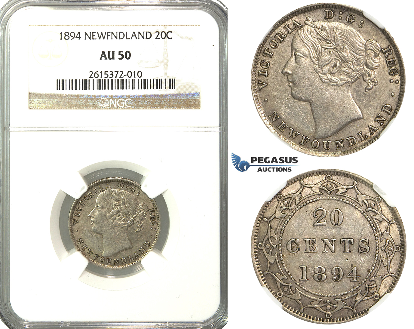 R234, Newfoundland, Victoria, 20 Cents 1894 (Obv.: 1) Silver, NGC AU50 Rare!