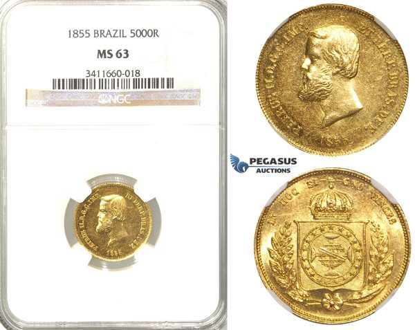 R30, Brazil, Pedro II, 5000 Reis 1855, Gold, NGC MS63