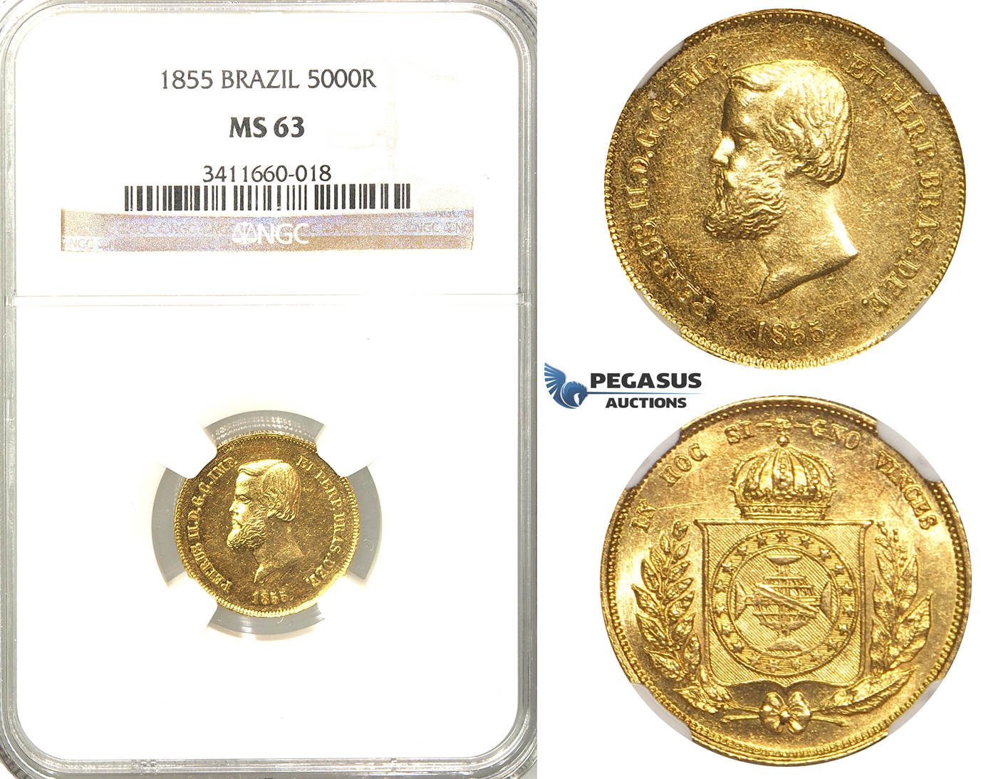 R30, Brazil, Pedro II, 5000 Reis 1855, Gold, NGC MS63