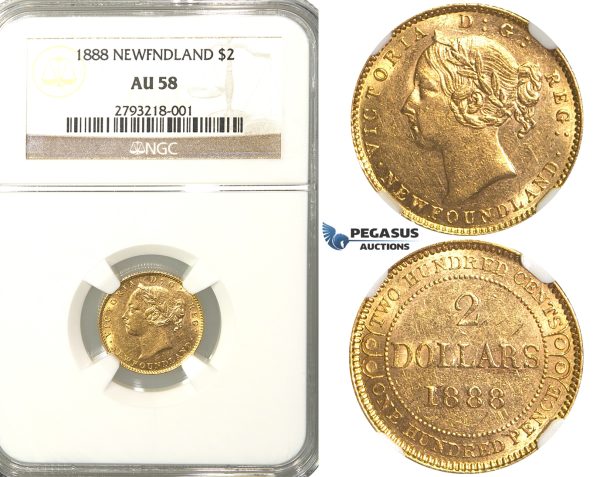R301, Newfoundland, Victoria, 2 Dollars 1888, Gold, NGC AU58