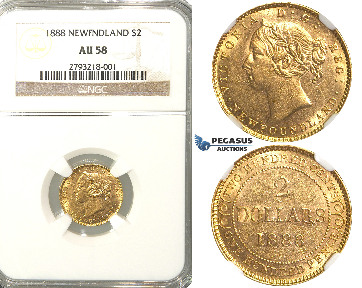 R301, Newfoundland, Victoria, 2 Dollars 1888, Gold, NGC AU58
