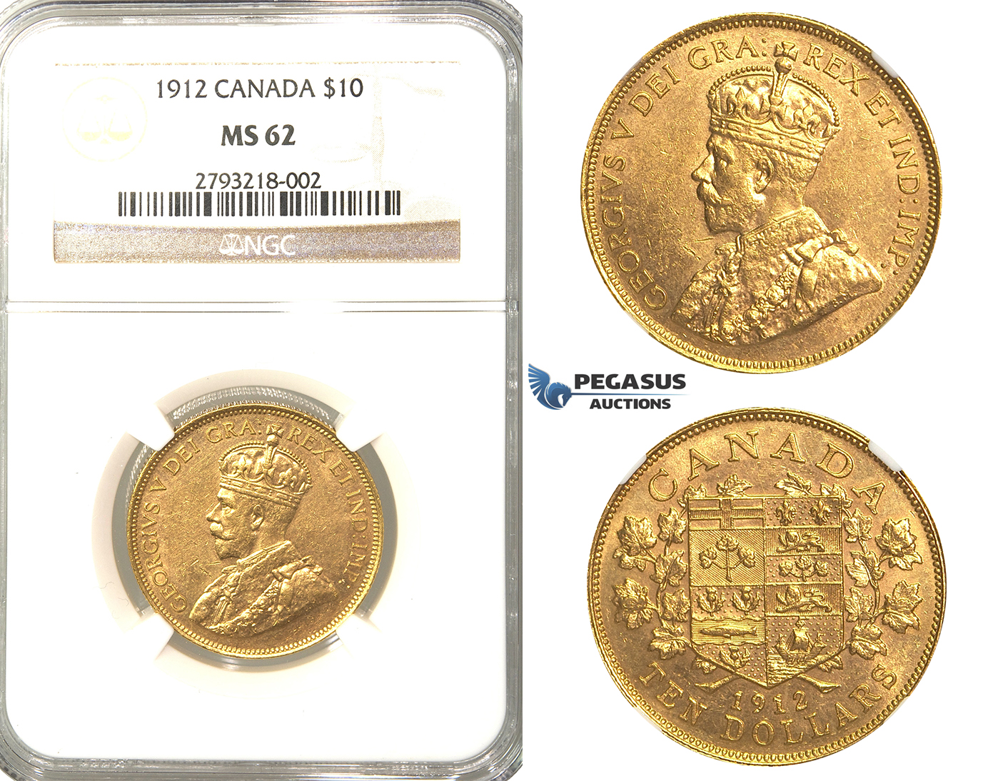 R302, Canada, George V, 10 Dollars 1912, Gold, NGC MS62