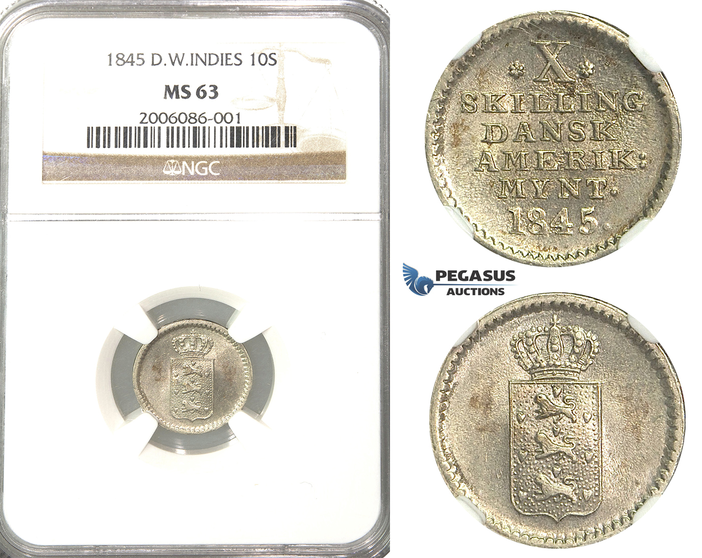 R303, Danish West Indies, Christian VIII, 10 Skilling 1845, Silver, NGC MS63