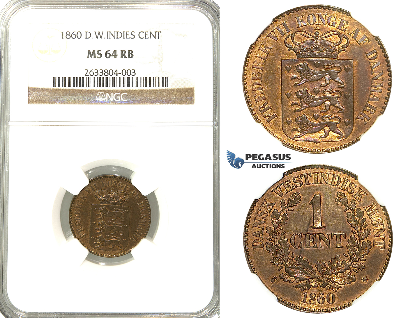 R304, Danish West Indies, Frederik VII, 1 Cent 1860, NGC MS64RB