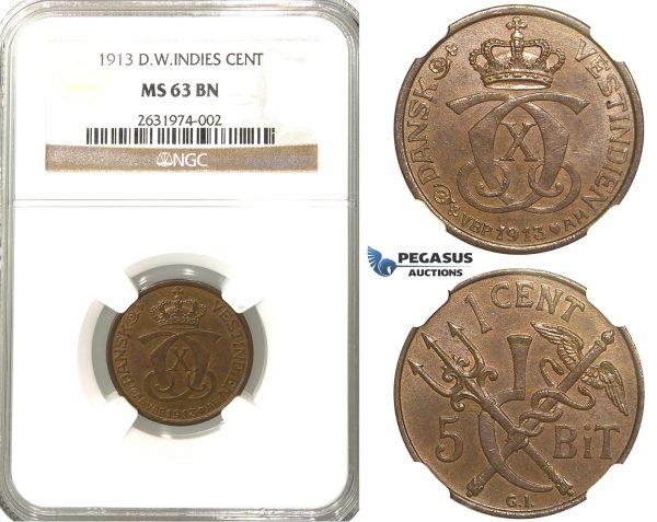 R305, Danish West Indies, Christian X, 1 Cent/5 Bit 1913, NGC MS63BN
