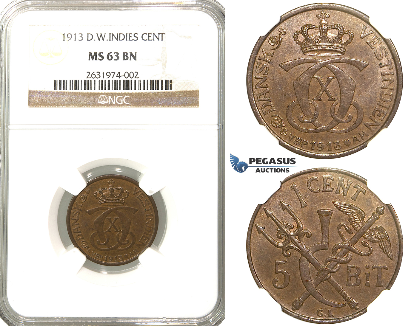 R305, Danish West Indies, Christian X, 1 Cent/5 Bit 1913, NGC MS63BN