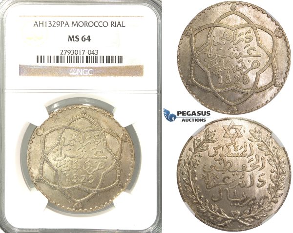 R309, Morocco, Abd al-Hafiz, Rial AH1329, Paris, Silver, NGC MS64