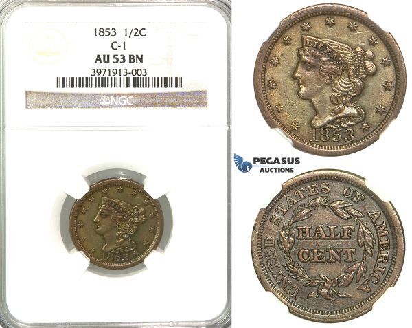 R320, United States, "Braided Hair" Half Cent 1853, NGC AU53BN