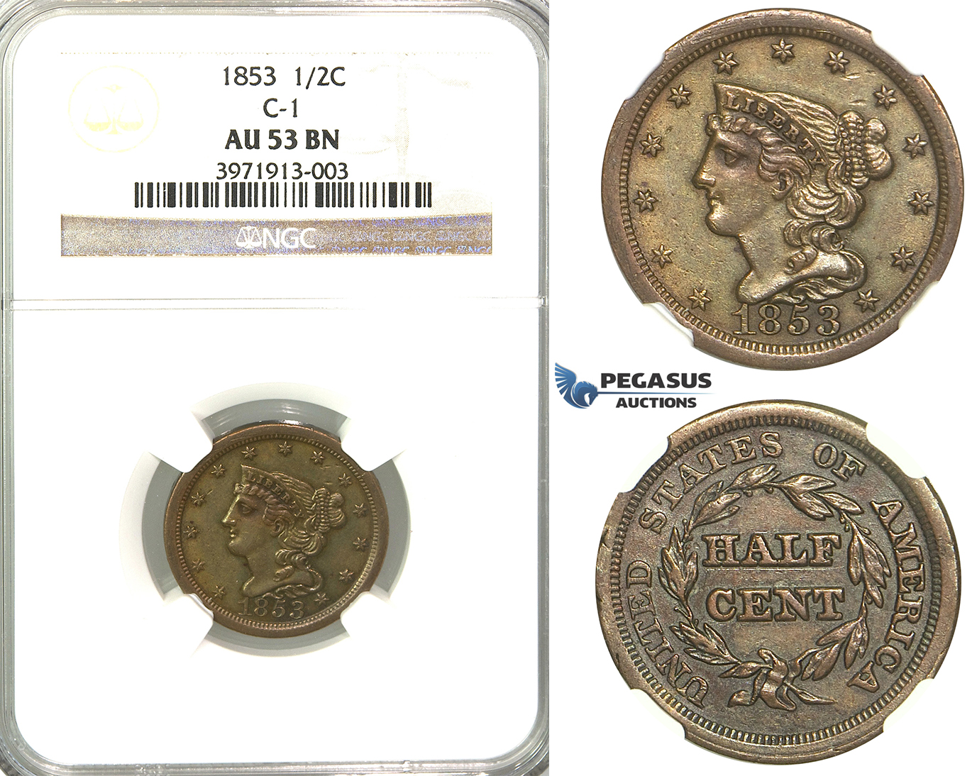 R320, United States, "Braided Hair" Half Cent 1853, NGC AU53BN