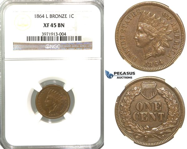 R321, United States, "Indian Head" Cent 1864 L, NGC XF45BN