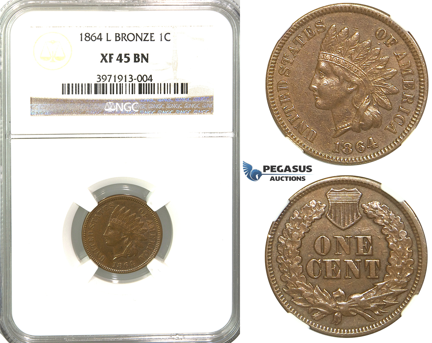 R321, United States, "Indian Head" Cent 1864 L, NGC XF45BN