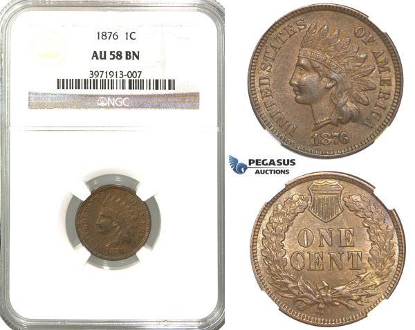 R322, United States, "Indian Head" Cent 1876, NGC AU58BN