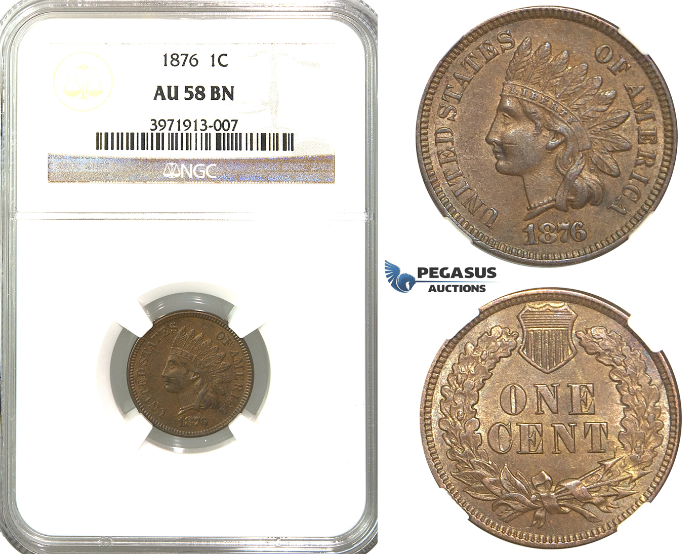 R322, United States, "Indian Head" Cent 1876, NGC AU58BN