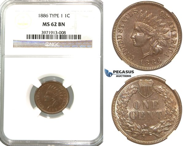 R323, United States, "Indian Head" Cent 1886 Type 1, NGC MS62BN