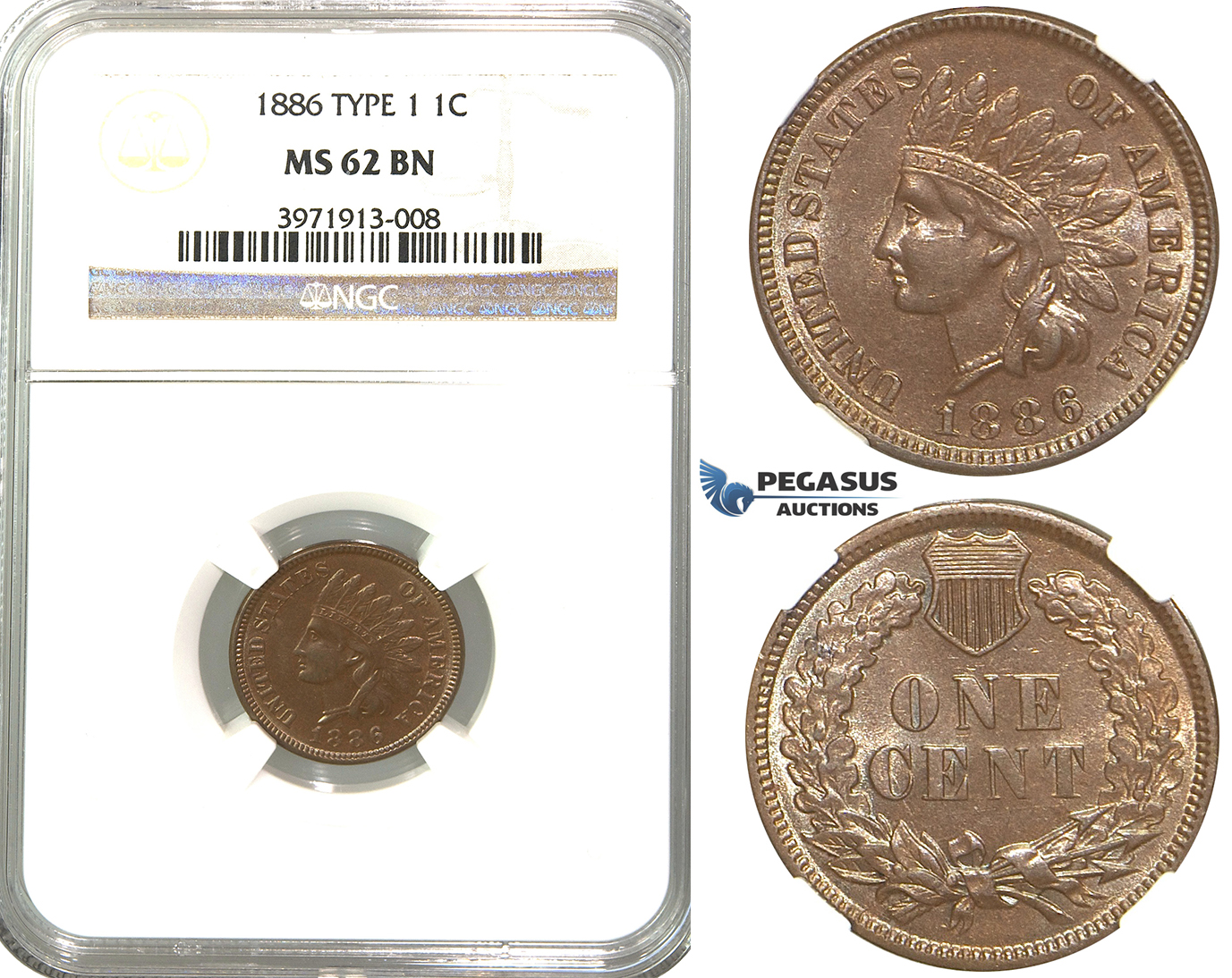 R323, United States, "Indian Head" Cent 1886 Type 1, NGC MS62BN