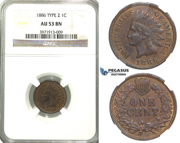 R324, United States, "Indian Head" Cent 1886 Type 2, NGC AU53BN