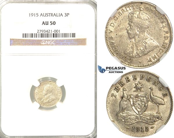 R331, Australia, George V, Three Pence (3 Pence) 1915, Silver, NGC AU50