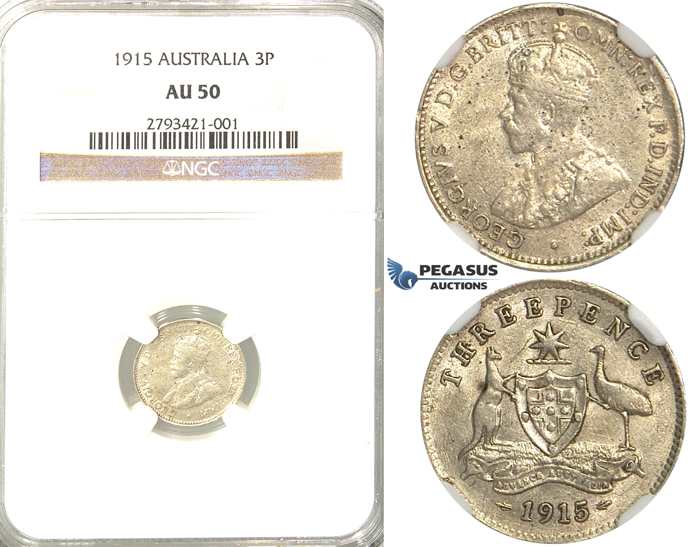 R331, Australia, George V, Three Pence (3 Pence) 1915, Silver, NGC AU50