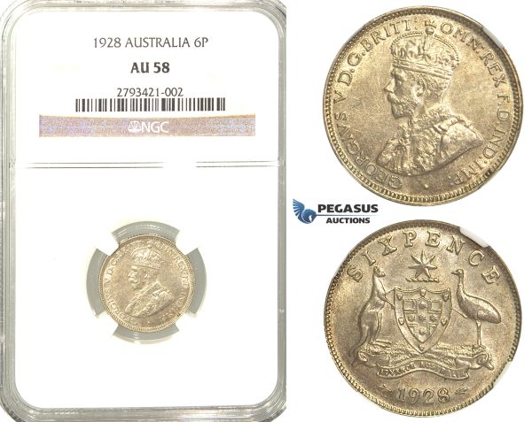R332, Australia, George V, Sixpence (6 Pence) 1928, Silver, NGC AU58