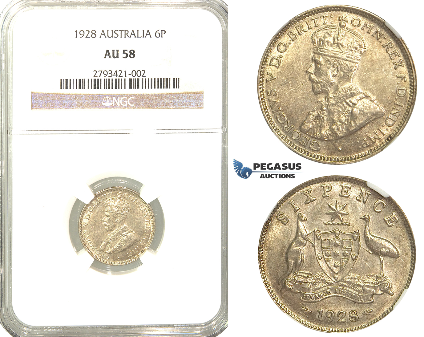 R332, Australia, George V, Sixpence (6 Pence) 1928, Silver, NGC AU58