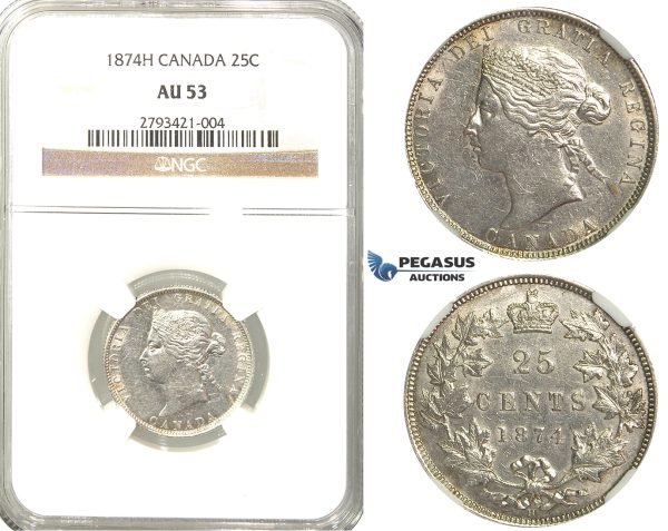 R333, Canada, Victoria, 25 Cents 1874-H, Heaton, Silver, NGC AU53