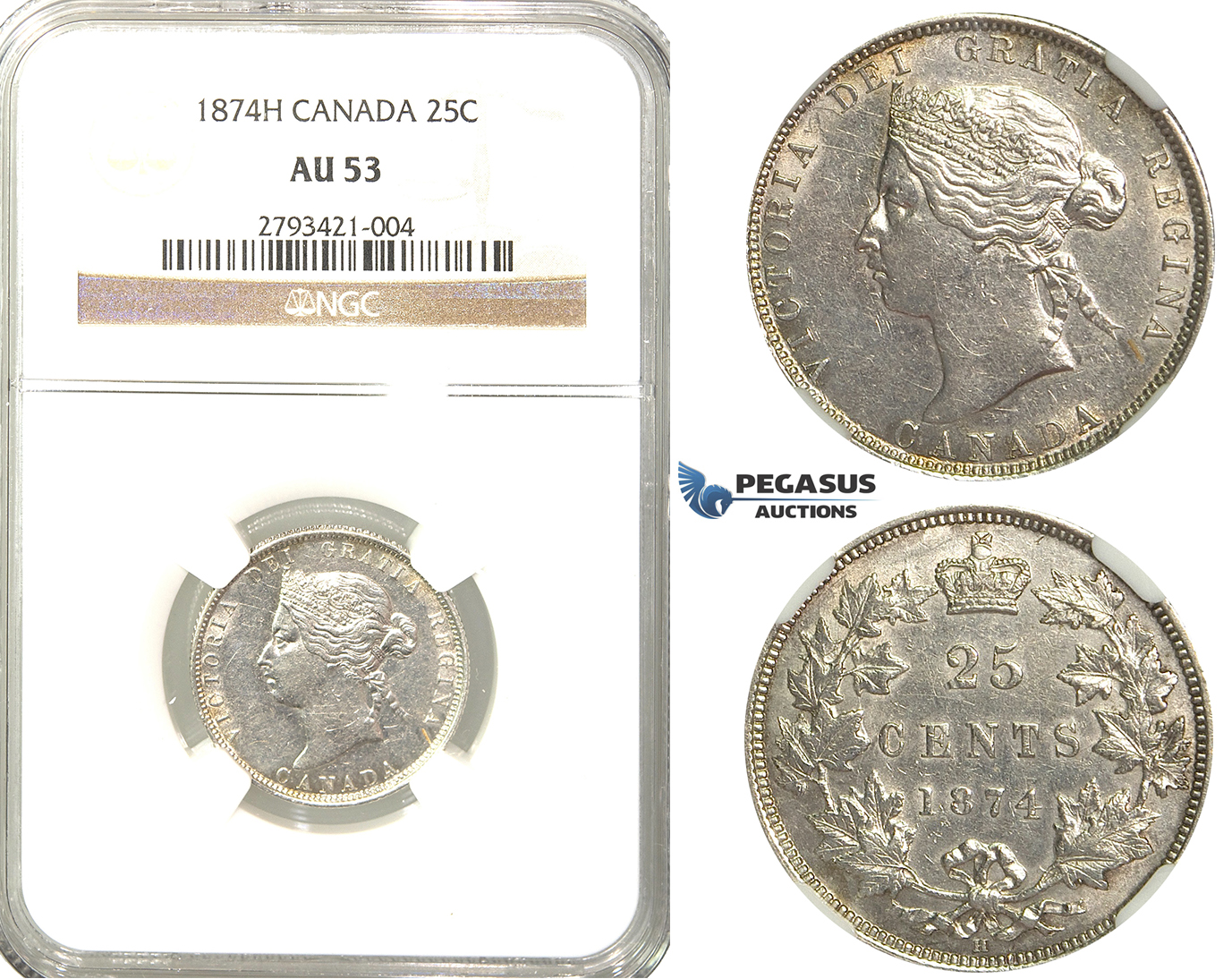 R333, Canada, Victoria, 25 Cents 1874-H, Heaton, Silver, NGC AU53