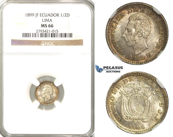 R334, Ecuador, 1/2 Decimo 1899-JF, Lima, Silver, NGC MS66 (Pop 1/1, No finer!)