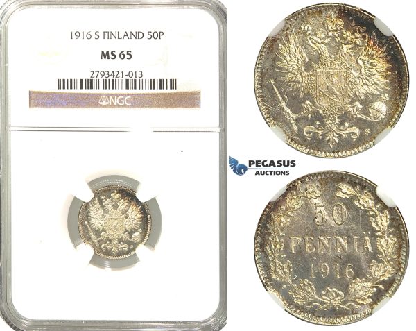 R335, Finland (under Russia) Nicholas II, 50 Penniä 1916-S, Silver, NGC MS65
